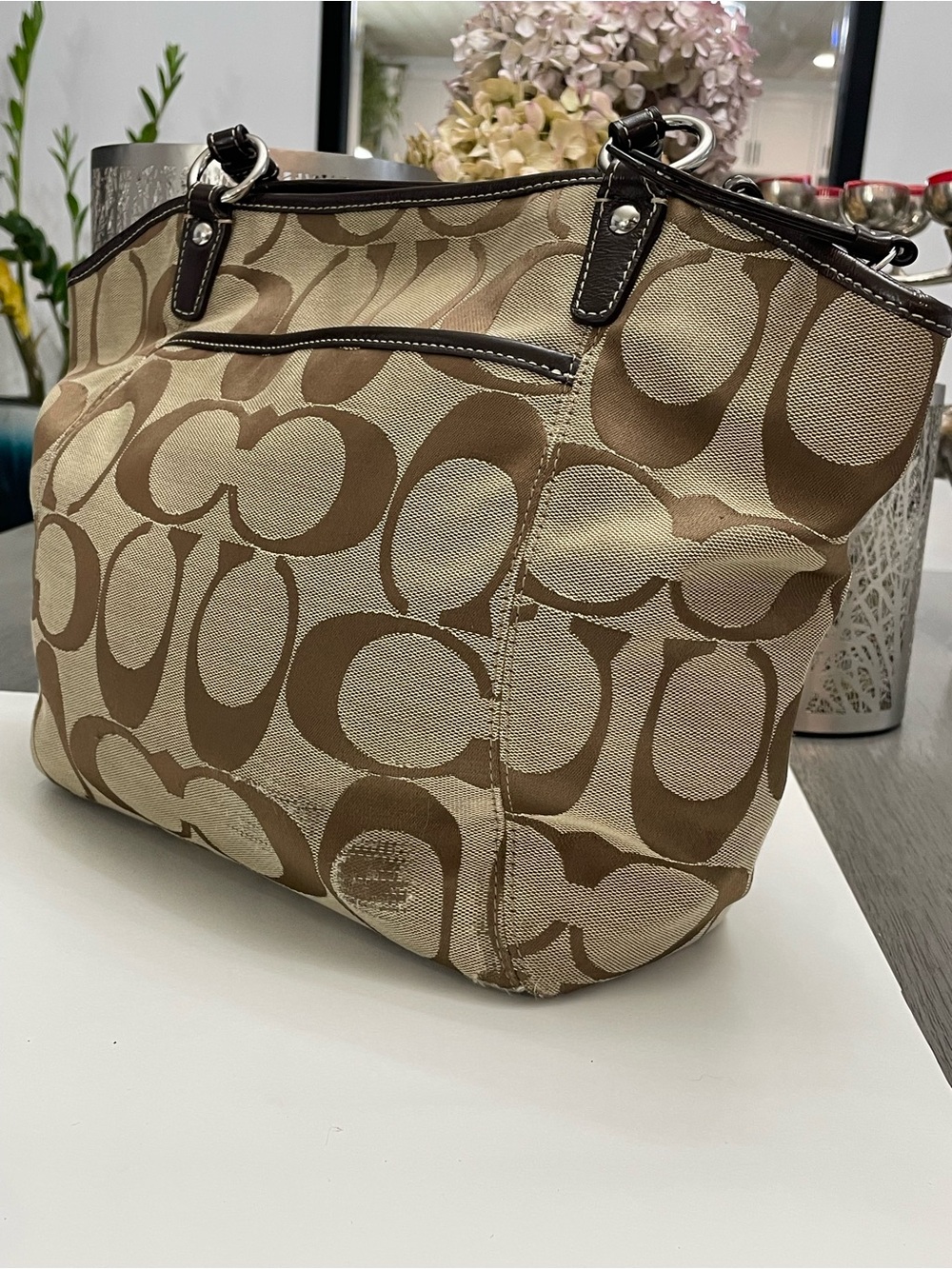 Coach Signature Turnlock Canvas Tote Bag Brown Leather Trim - Picture 3 of 10
